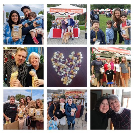 Eight photos of families featuring moms who love popcorn. In the center, a heart-shaped arrangement of multicolored popcorn kernels. Happy Mother's Day!